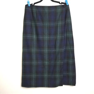 Vintage Eddie Bauer Plaid Tartan Wool Faux Wrap Skirt Womens 14 Midi Academia